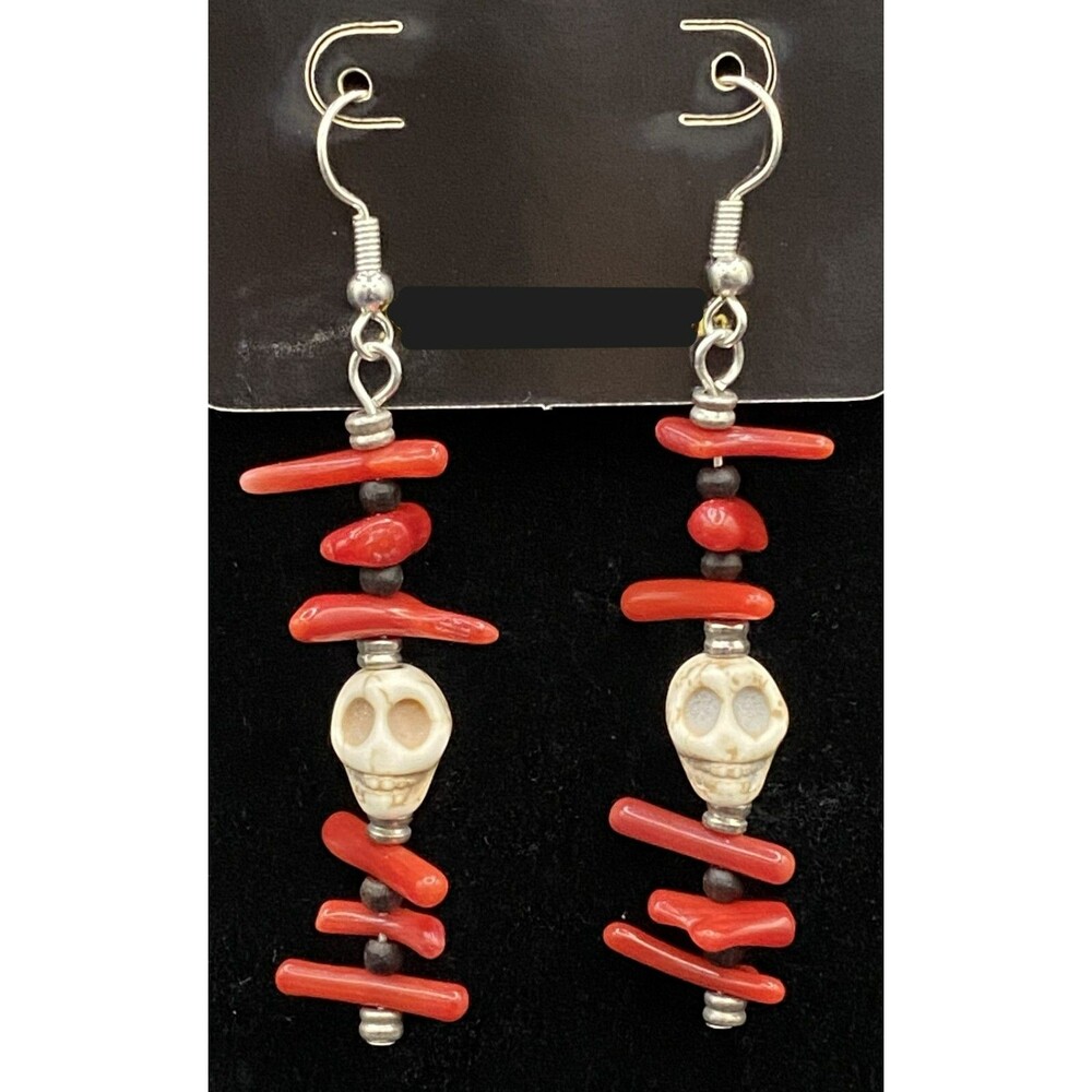 Handmade White Skull With Red Coral & Black Wood Bead Earrings by Neanie-Bot